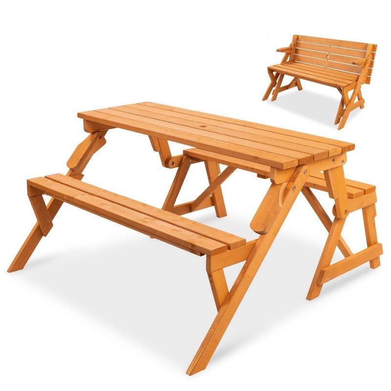 Natural Fir Wood 2-in-1 Outdoor Picnic Table and Garden Bench with Umbrella Hole