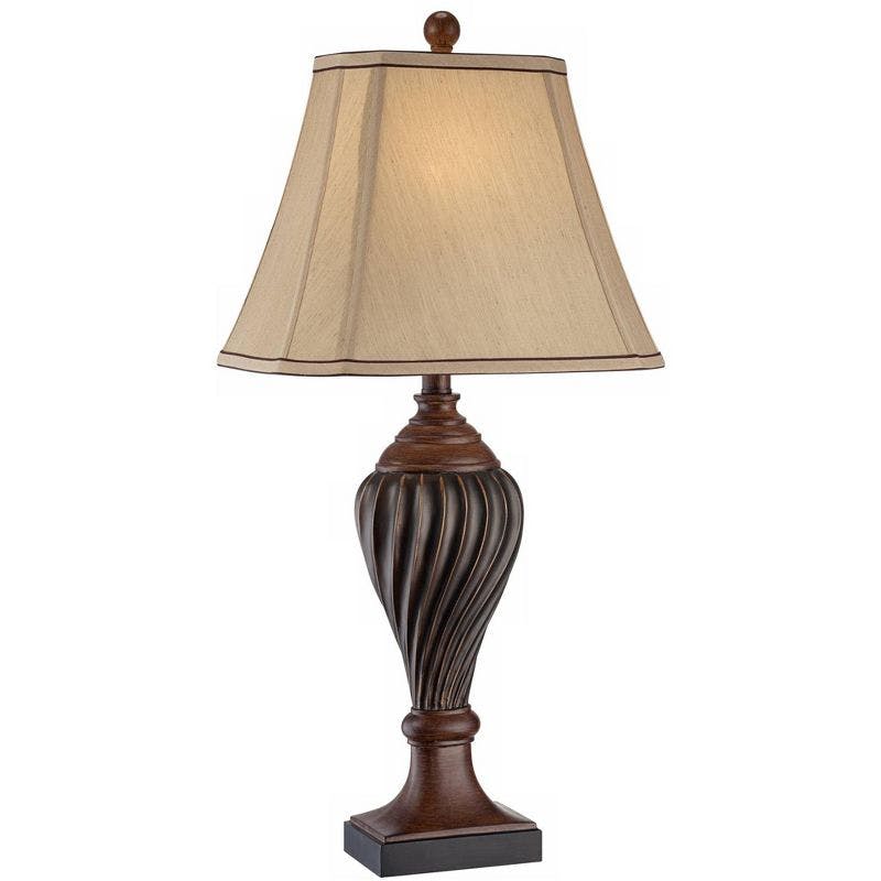 Elegant Two-Tone Brown Urn-Shaped Table Lamp with Beige Fabric Shade