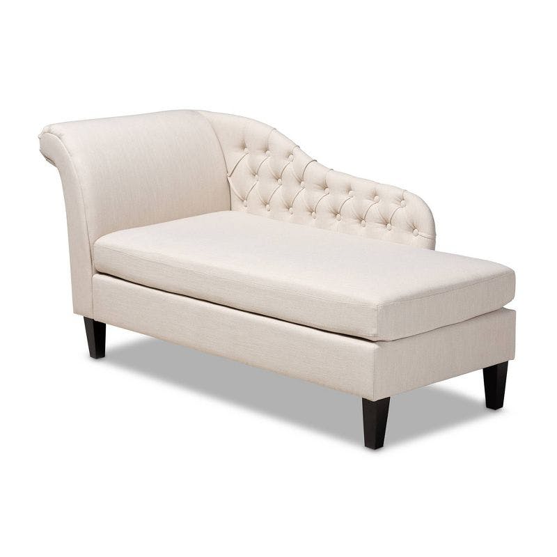 Victorian-Inspired Beige Upholstered Wood Chaise with Button Tufting