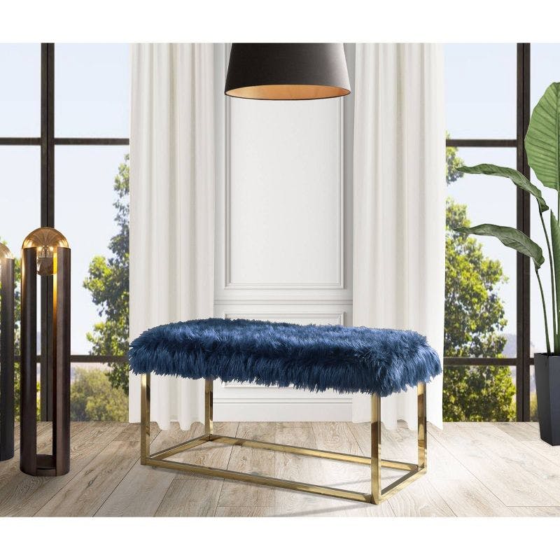 Marilyn Navy Faux Fur and Brass-Finish Modern Bench Ottoman