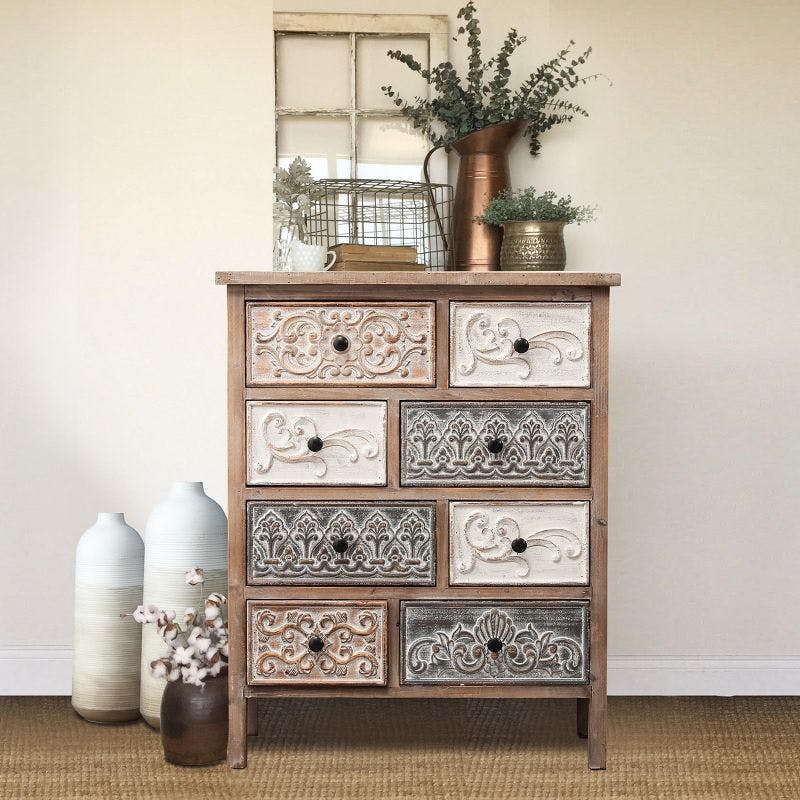 Rustic Black Farmhouse 8-Drawer Carved Accent Chest