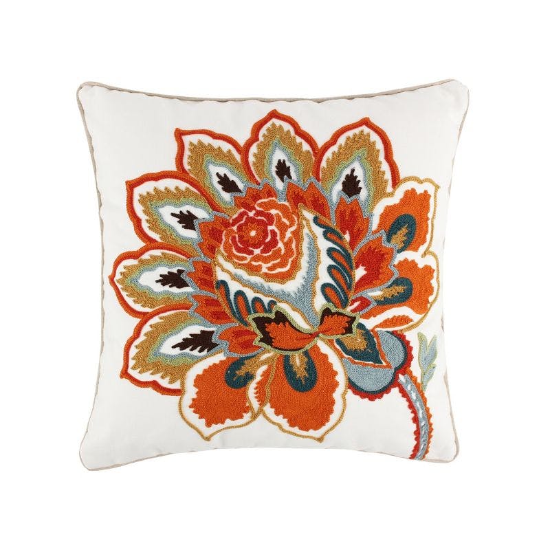 Eden Embroidered Crewel Flower Decorative Pillow 18x18