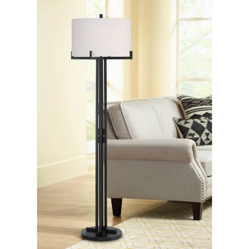 Madrid Luxe 64" Matte Black Metal Floor Lamp with White Linen Shade