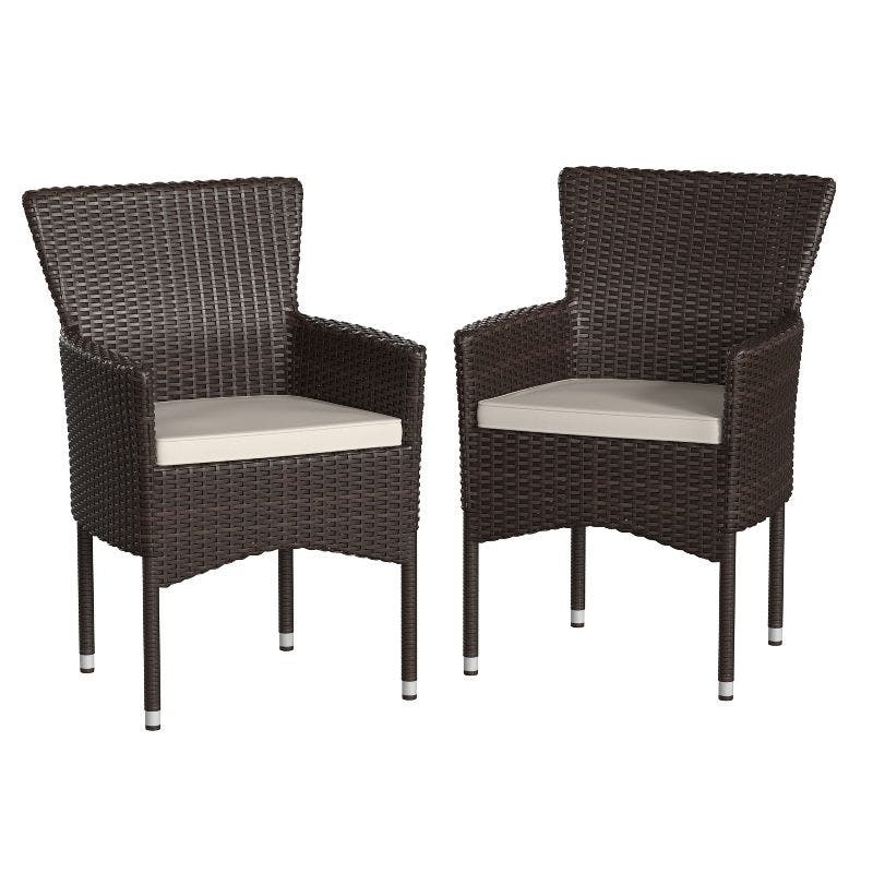 Espresso Brown Wicker Patio Dining Chairs with Cream Cushions, Set of 2