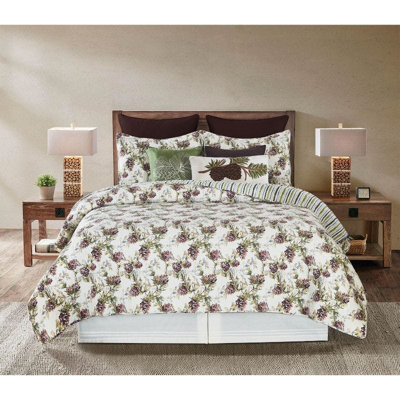 Twin-Sized Blue and Beige Reversible Cotton Quilt Set with Pine Motif