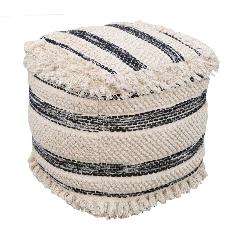 Elegant Two-Tone Striped Cotton & Wool Round Pouf Ottoman with Tassel Fringe