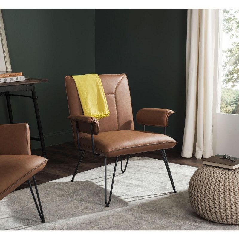 Johannes Mid-Century Camel Faux Leather Armchair with Metal Hairpin Legs