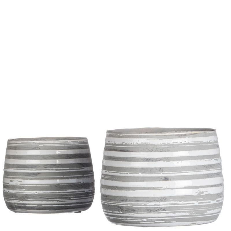 Set of 2 Gray Striped Ceramic Vases for Modern Home Decor