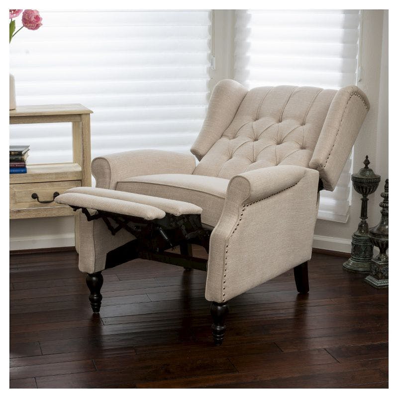 Light Beige Wingback Recliner Chair with Button-Tufting and Nailhead Trim
