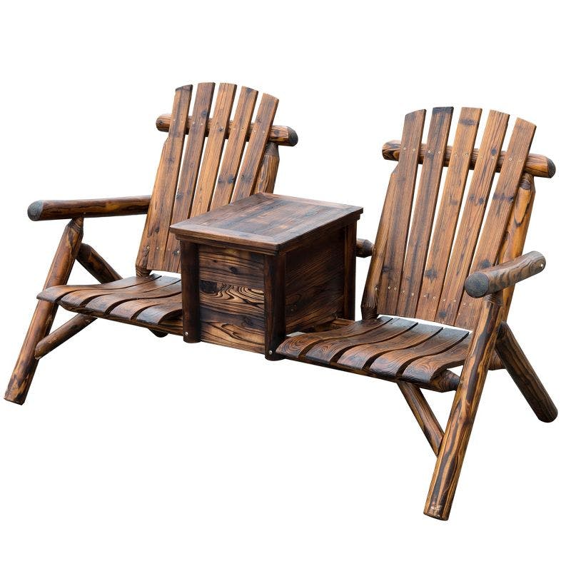 Rustic Brown Fir Wood Double Adirondack Loveseat with Ice Bucket