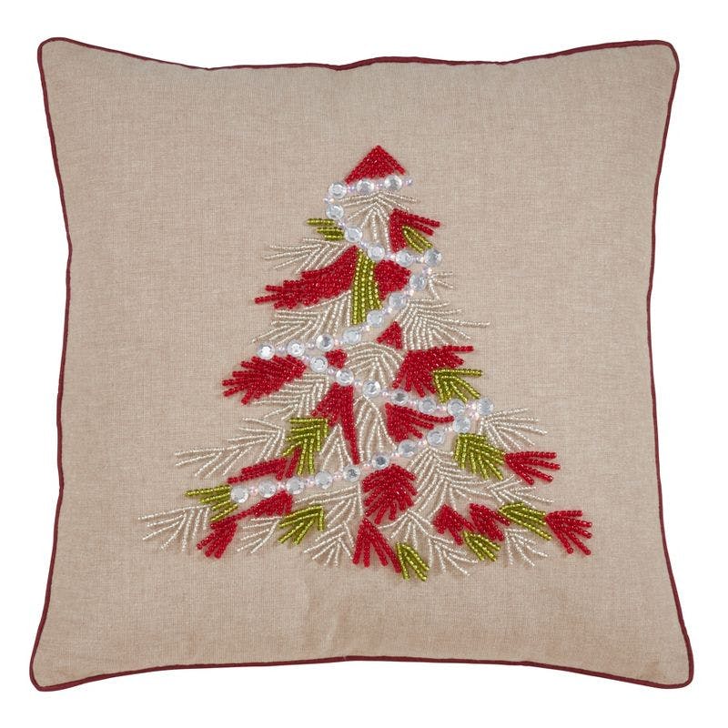 Festive Red Beaded Christmas Tree 18" Cotton Throw Pillow Cover