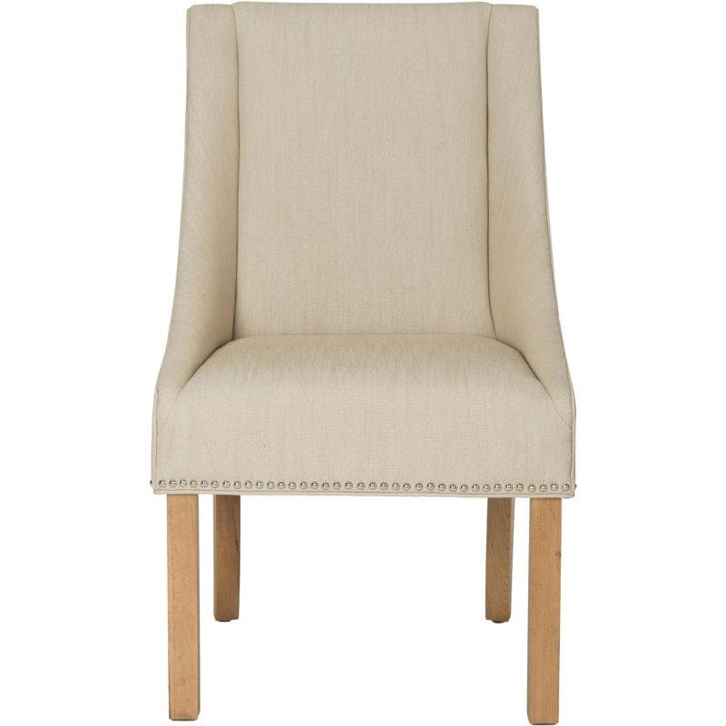 Elegant Beige Linen Upholstered Parsons Side Chair with Silver Nailheads