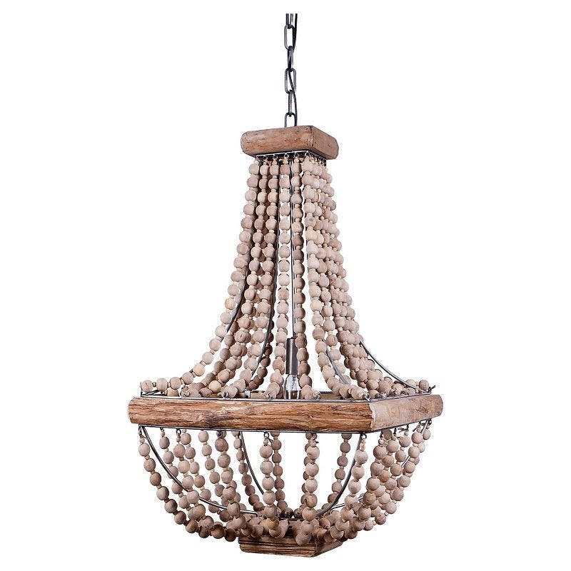 Elegant Black Cage Chandelier with Natural Wood Beads