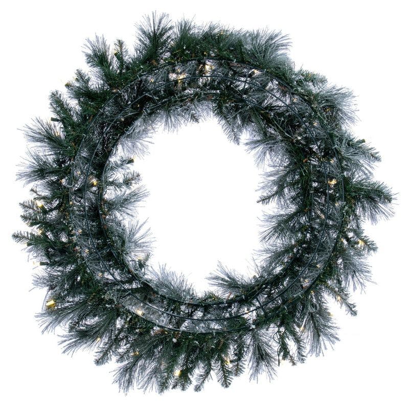Flocked Pine Pre-Lit Outdoor Wreath with Warm White LED Lights, 28 in