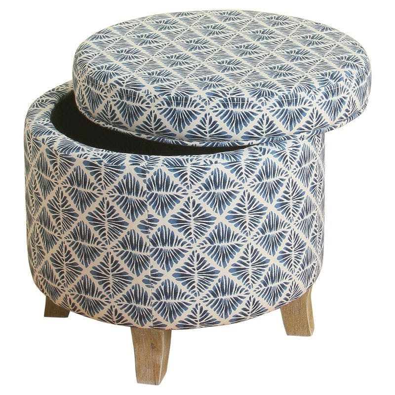Classic Blue and White Round Storage Ottoman with Wooden Frame