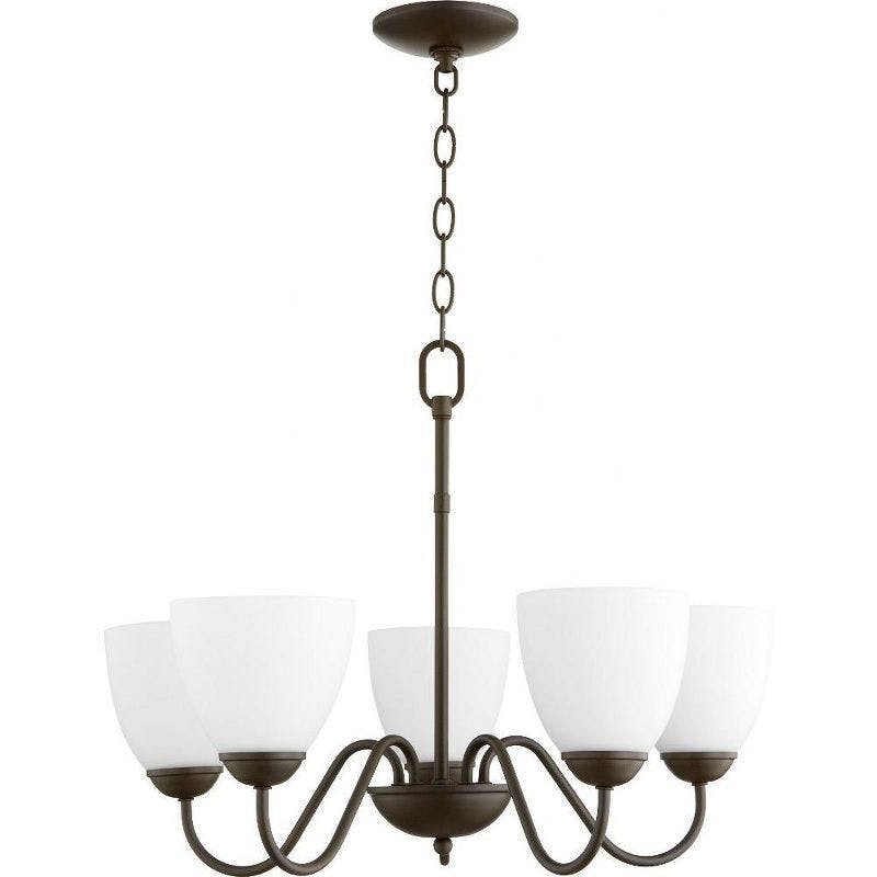 Elegant Oiled Bronze 5-Light Chandelier with Satin Opal Shades
