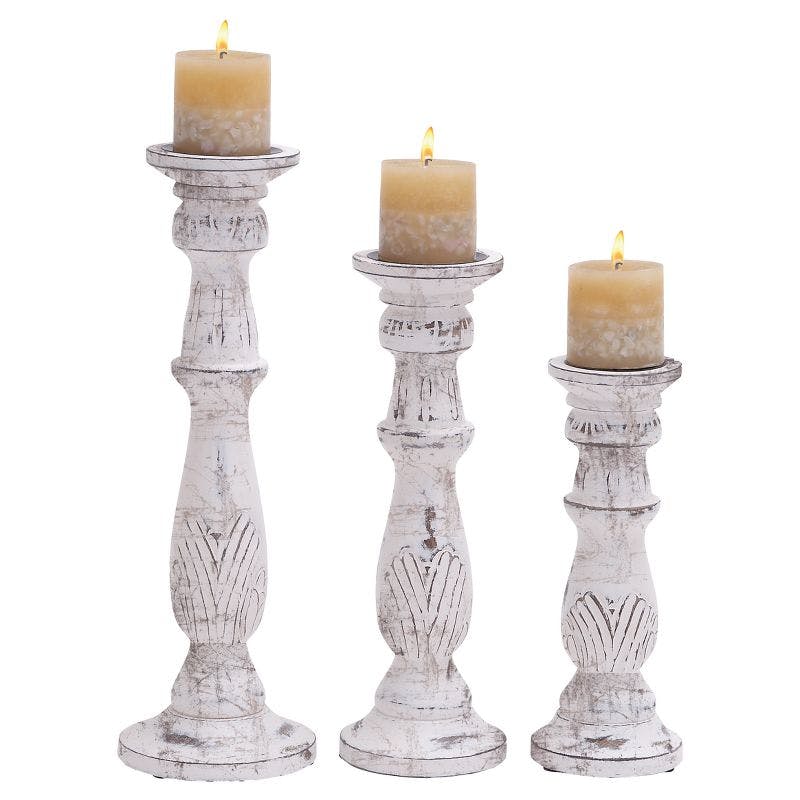 Elegant White Mango Wood Candle Lantern Trio, 18" Height