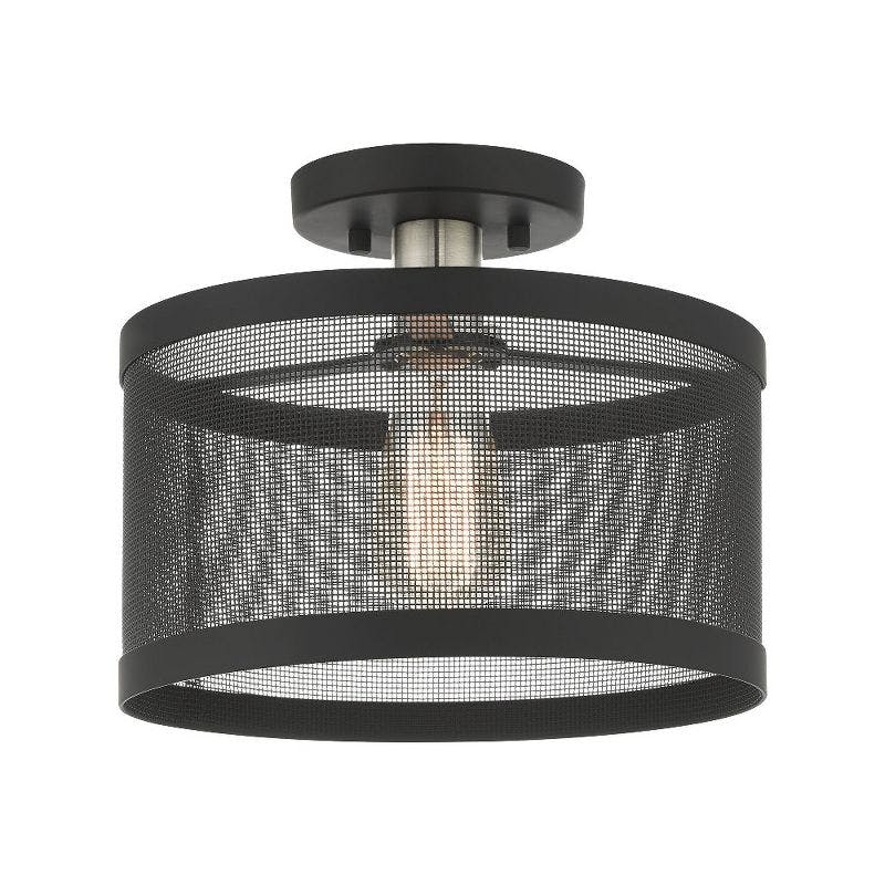 Modern Indoor/Outdoor LED Drum Semi-Flush Mount in Black & Brushed Nickel