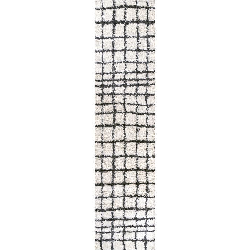 Ivory and Black Moroccan-Inspired Geometric Shag Rug