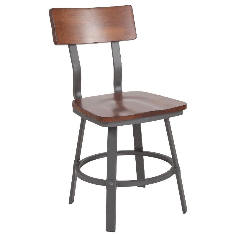 Modern-Industrial Gray Steel Side Chair with Rustic Walnut Wood Seat