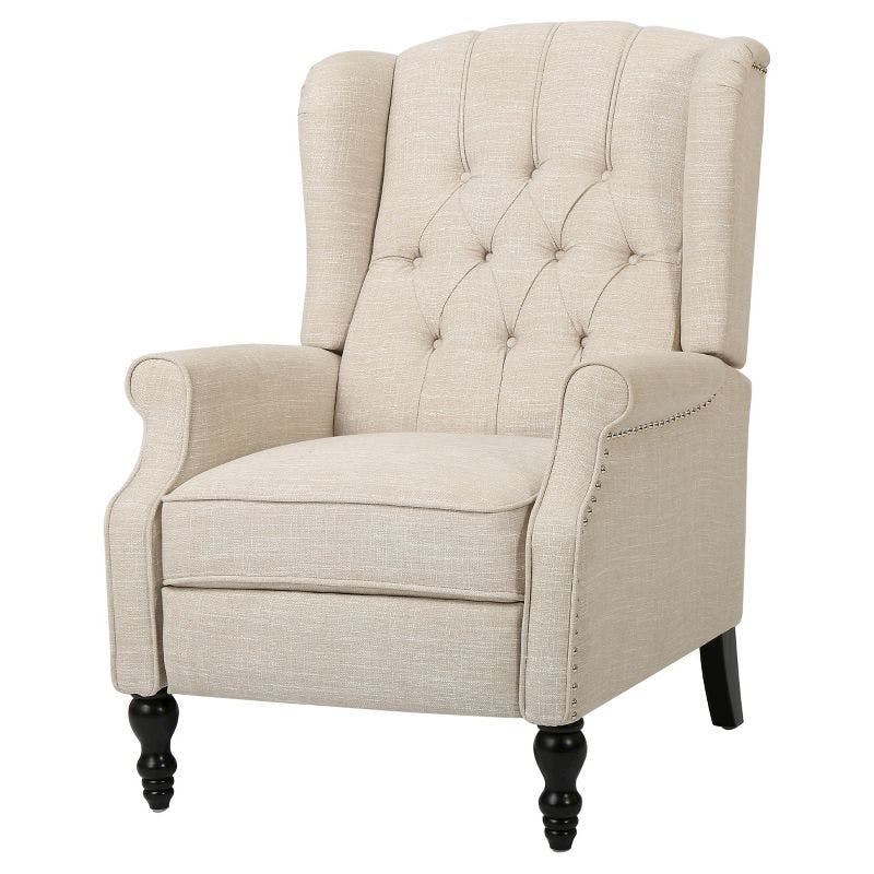 Light Beige Wingback Recliner Chair with Button-Tufting and Nailhead Trim