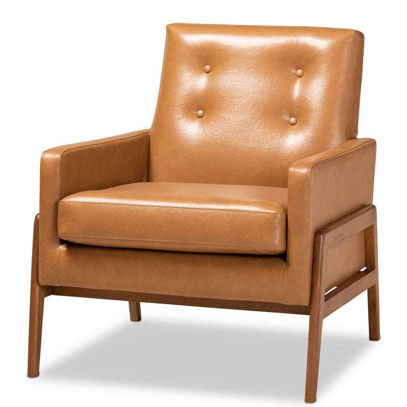 Tan Faux Leather and Walnut Brown Wood Mid-Century Lounge Chair