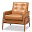 Tan Faux Leather and Walnut Brown Wood Mid-Century Lounge Chair