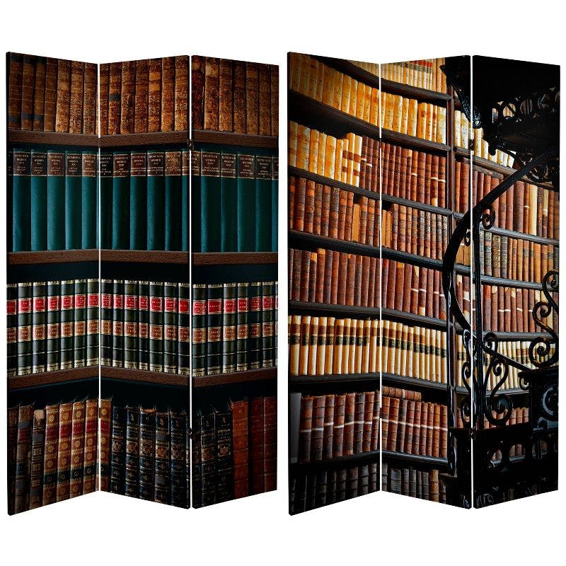 Elegant 6ft Warm Toned Library Canvas 3-Panel Folding Room Divider