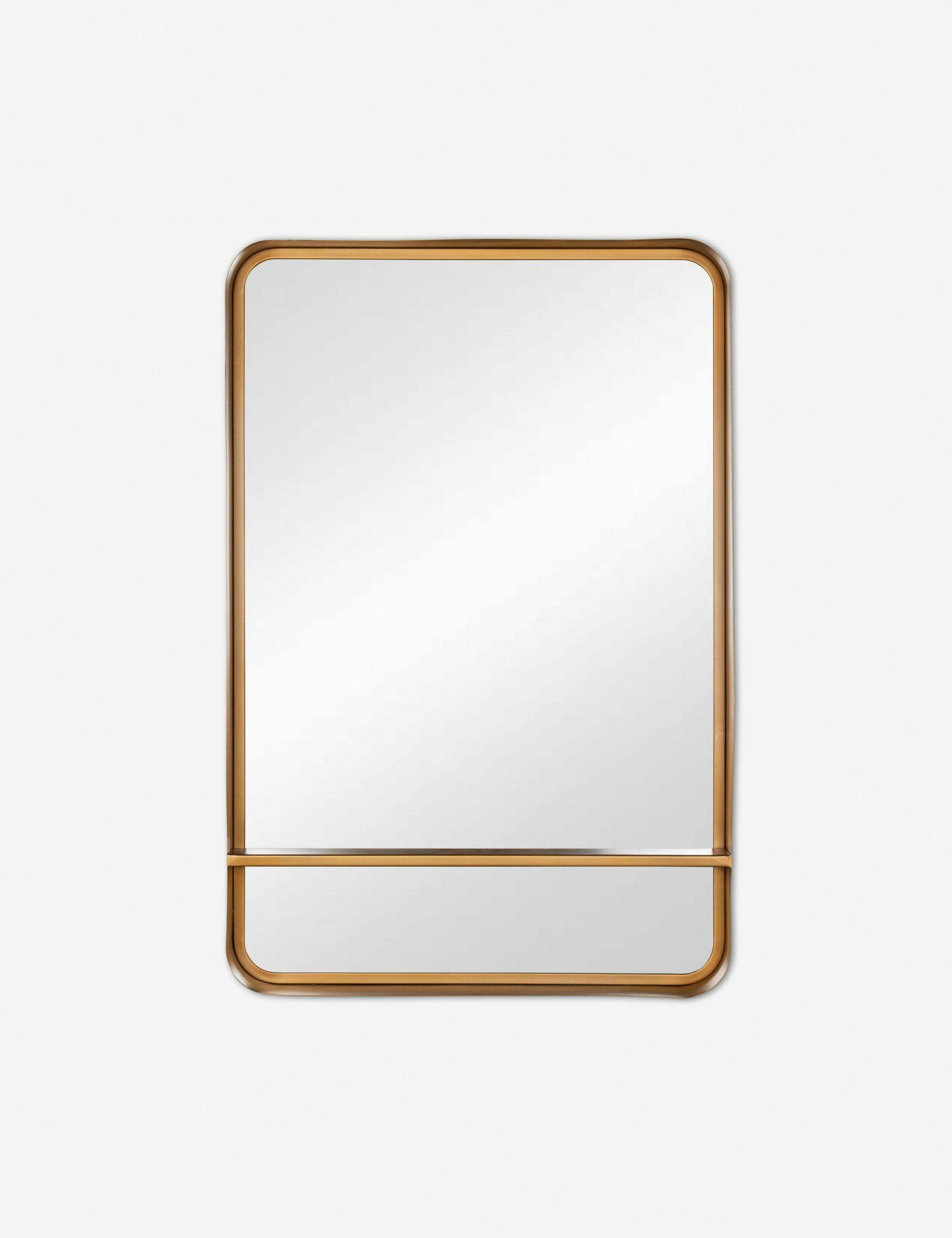Elegant Rectangular Bronze and Gold Wood Bathroom Vanity Mirror with Shelf