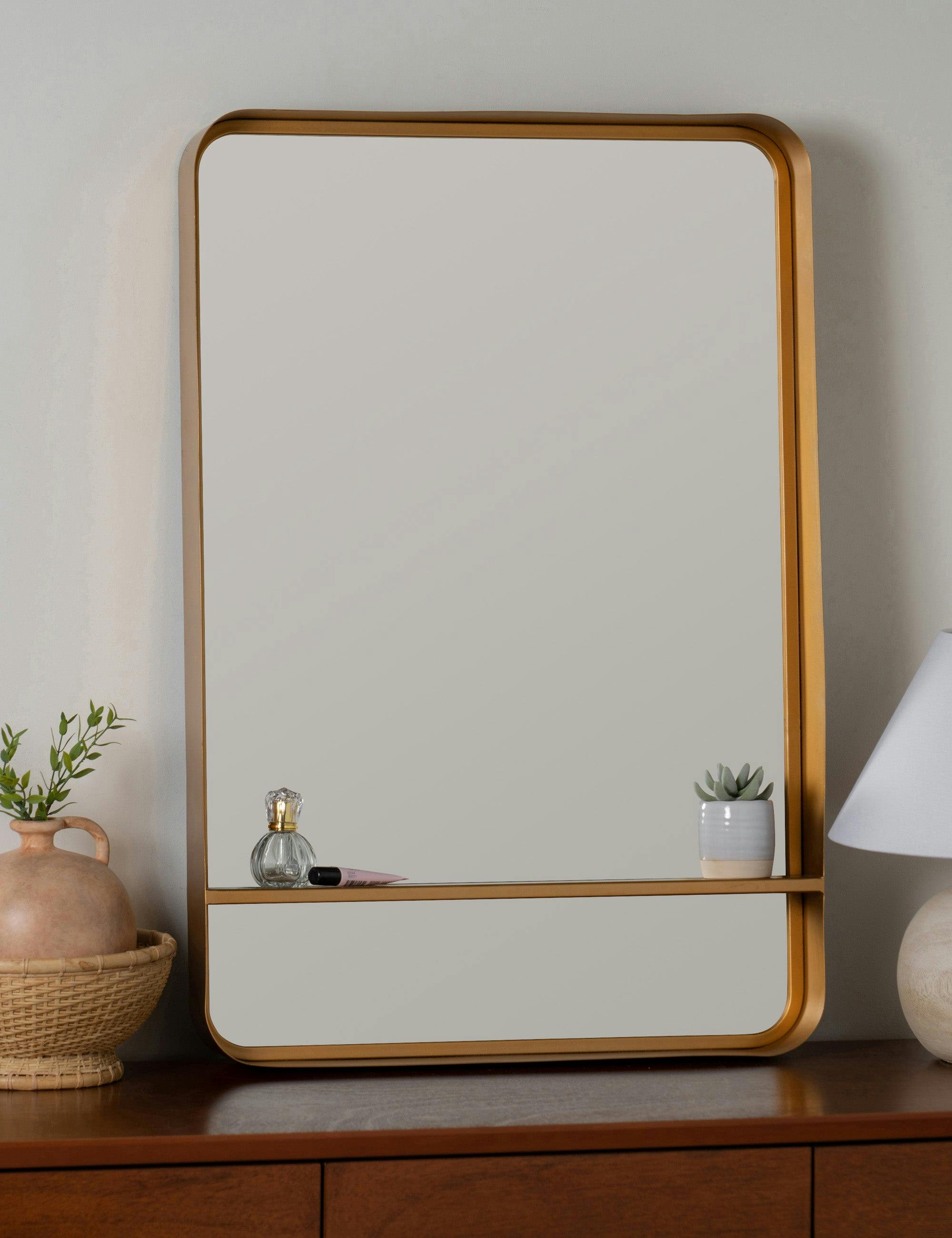 Elegant Rectangular Bronze and Gold Wood Bathroom Vanity Mirror with Shelf