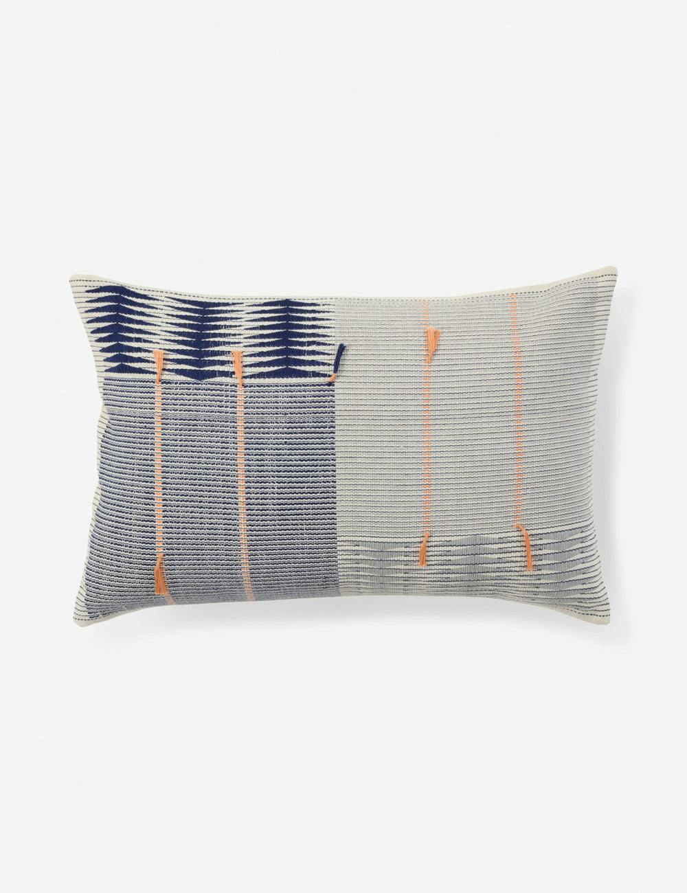 Nagaland Artisan Embroidered Striped Throw Pillow - Navy/Silver 16" x 24"