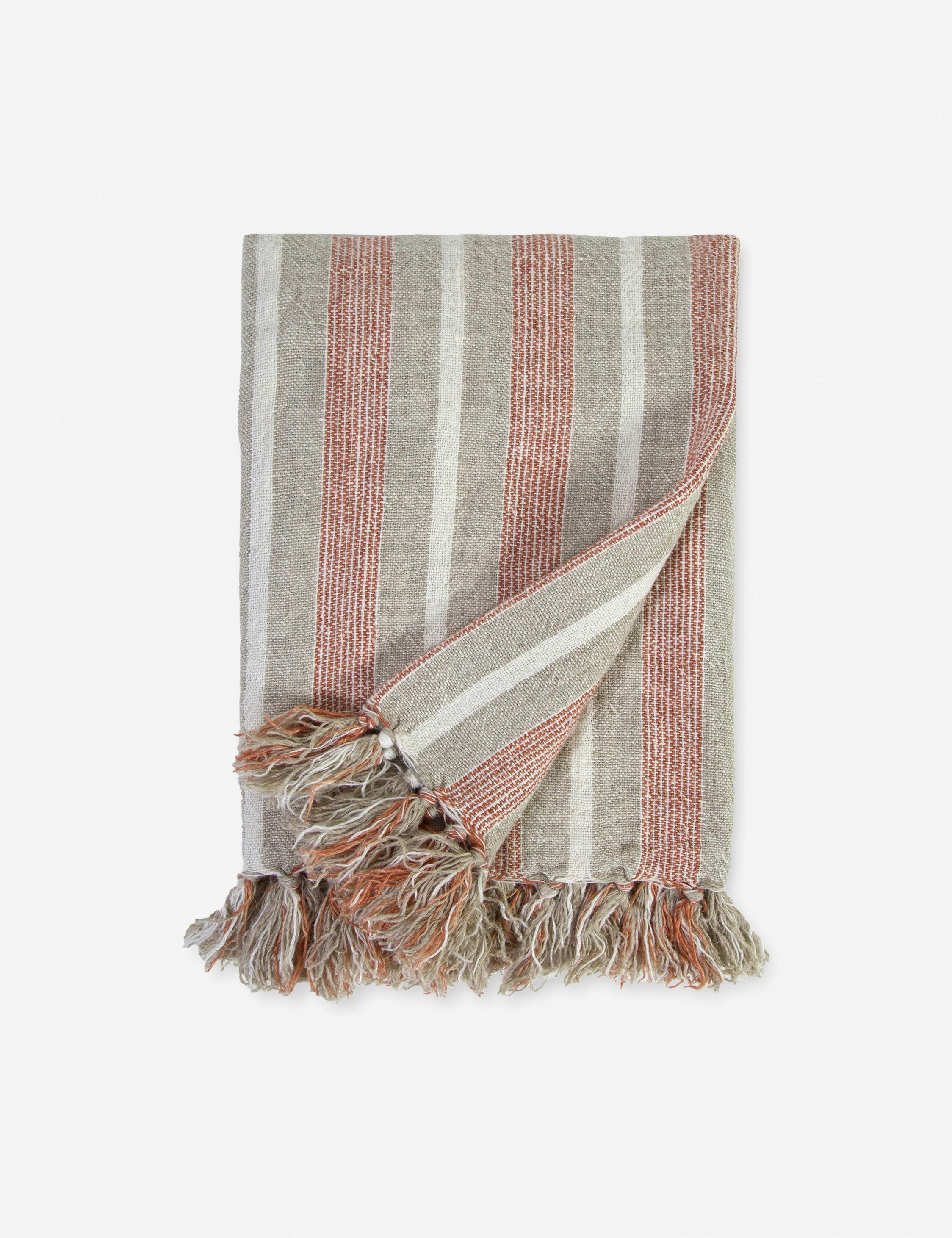 Montecito Terra Cotta and Natural Striped 100% Linen Oversized Throw with Tassels