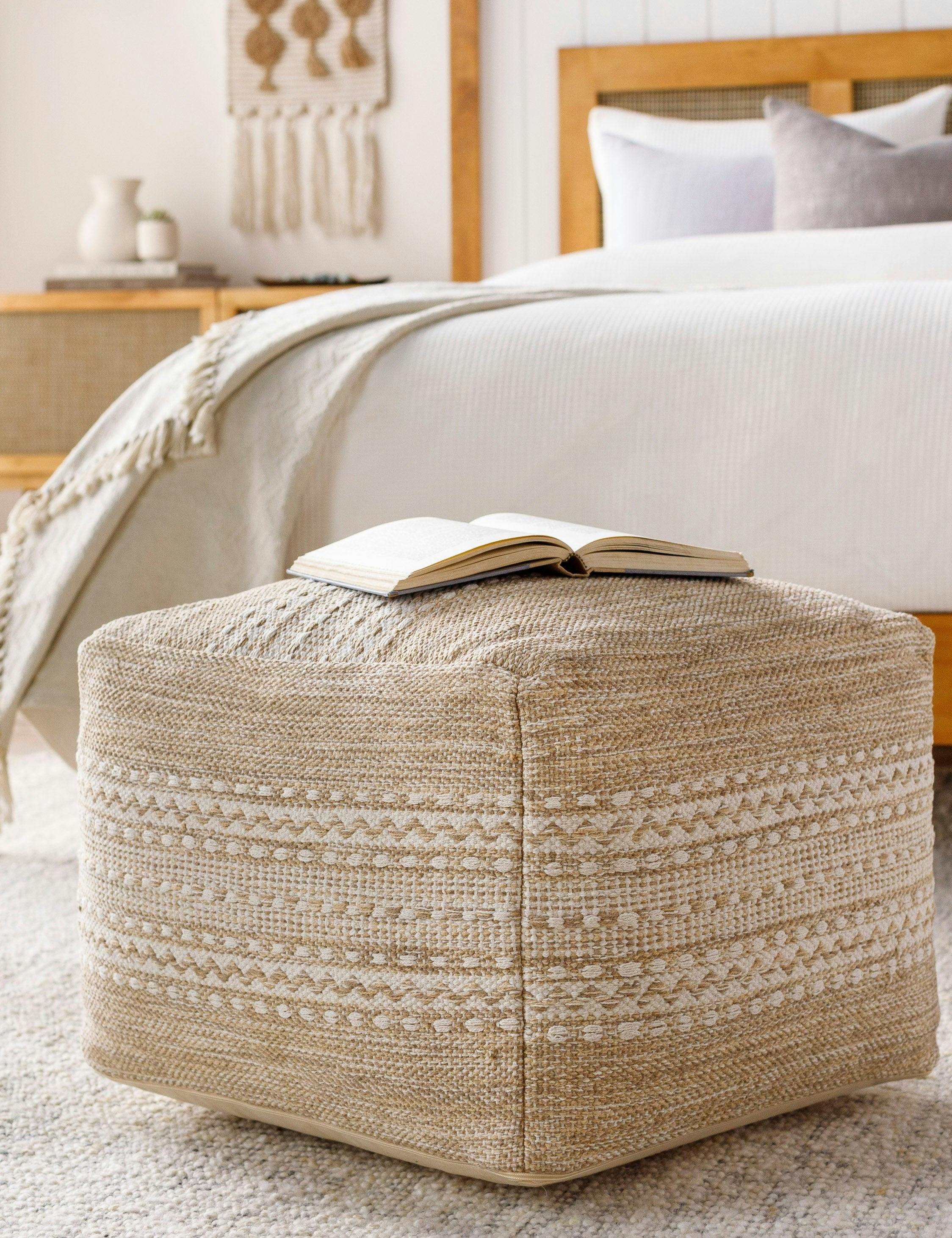 Orev 20" Beige and Ivory Square Wool Pouf