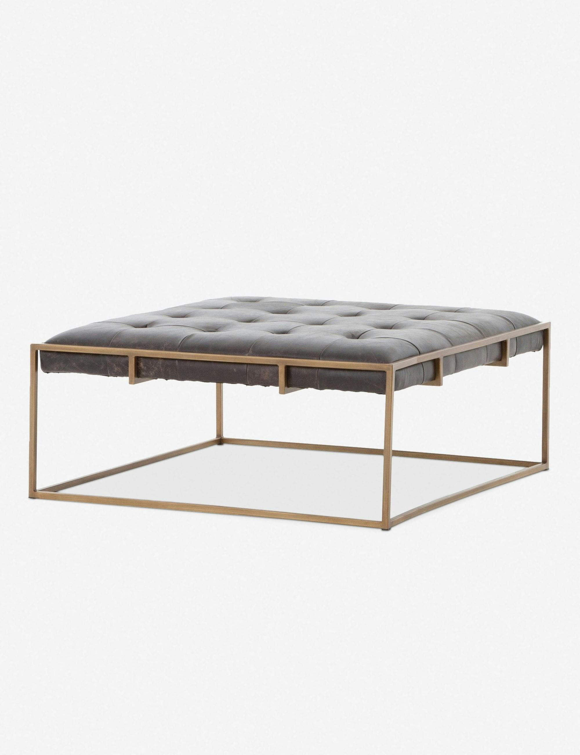 Olwina Distressed Leather Square Coffee Table in Brass-Tone