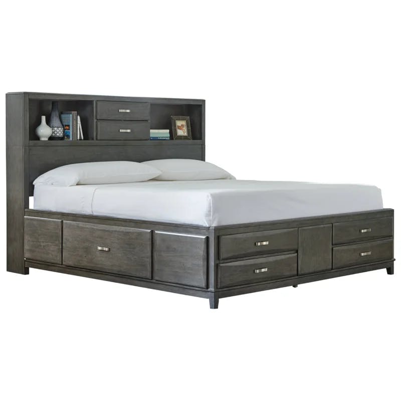 Caitbrook Contemporary Gray Wood King/California King Bookcase Bed with 8 Drawers