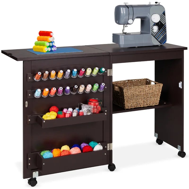 Espresso Compact Folding Sewing Table with Storage and Wheels