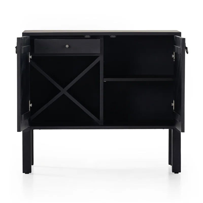Modern Black Poplar Bar Cabinet with Leather Pulls