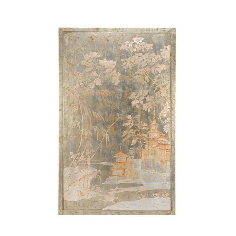 Handcrafted Chinoiserie Wood Panel with Forest & Lake Imagery