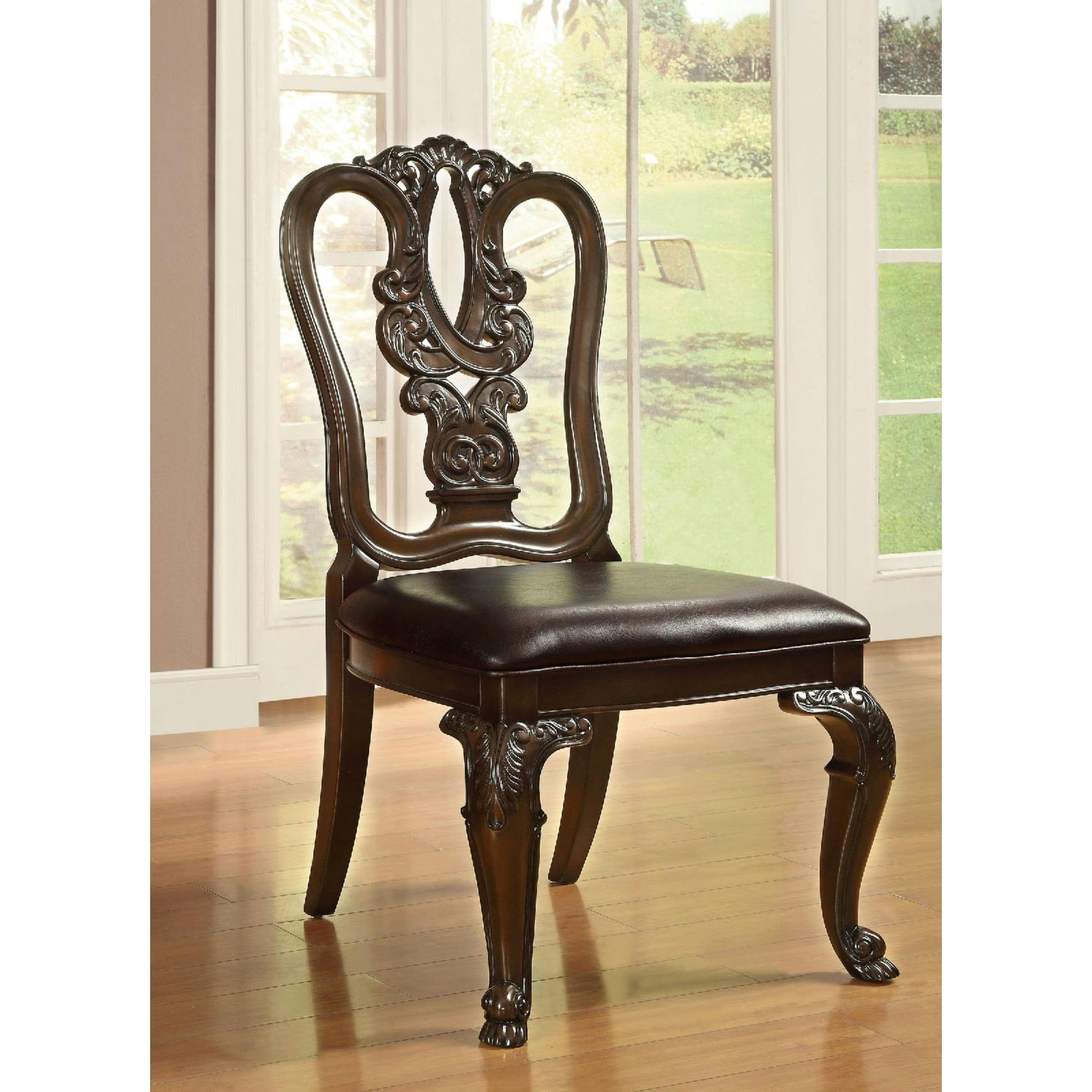 Elegant Cherry Brown Carved Side Chair with Padded Faux Leather Seat
