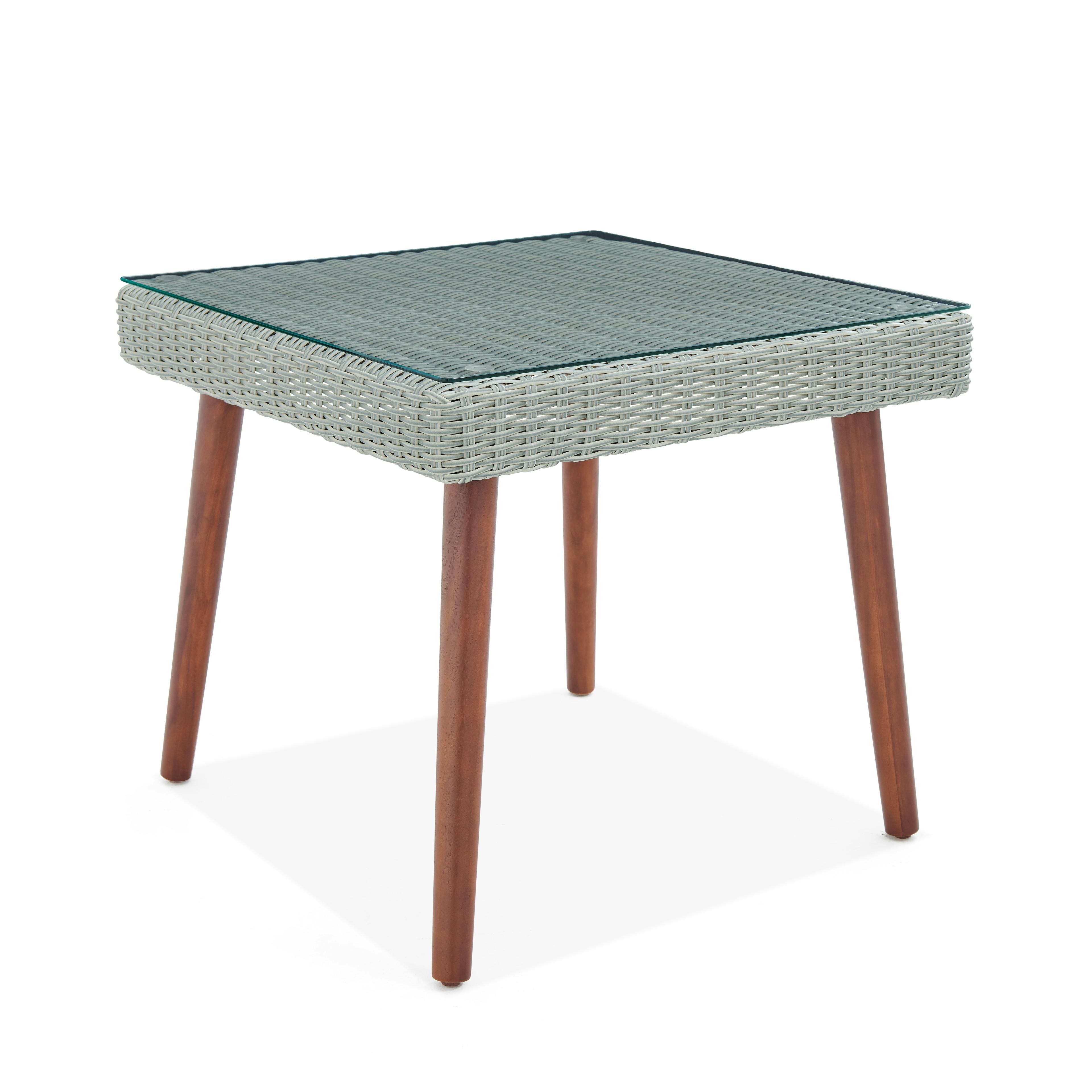 Albany Mid-Century Modern Light Gray Wicker Outdoor Cocktail Table with Glass Top