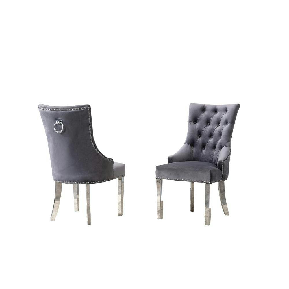 Luxurious Gray Velvet Parsons Side Chair with Metallic Accents (Set of 2)