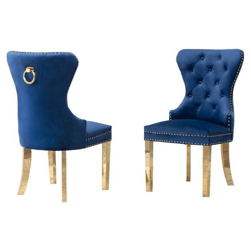 Navy Velvet Upholstered Parsons Side Chairs with Gold Metal Accents, Set of 2