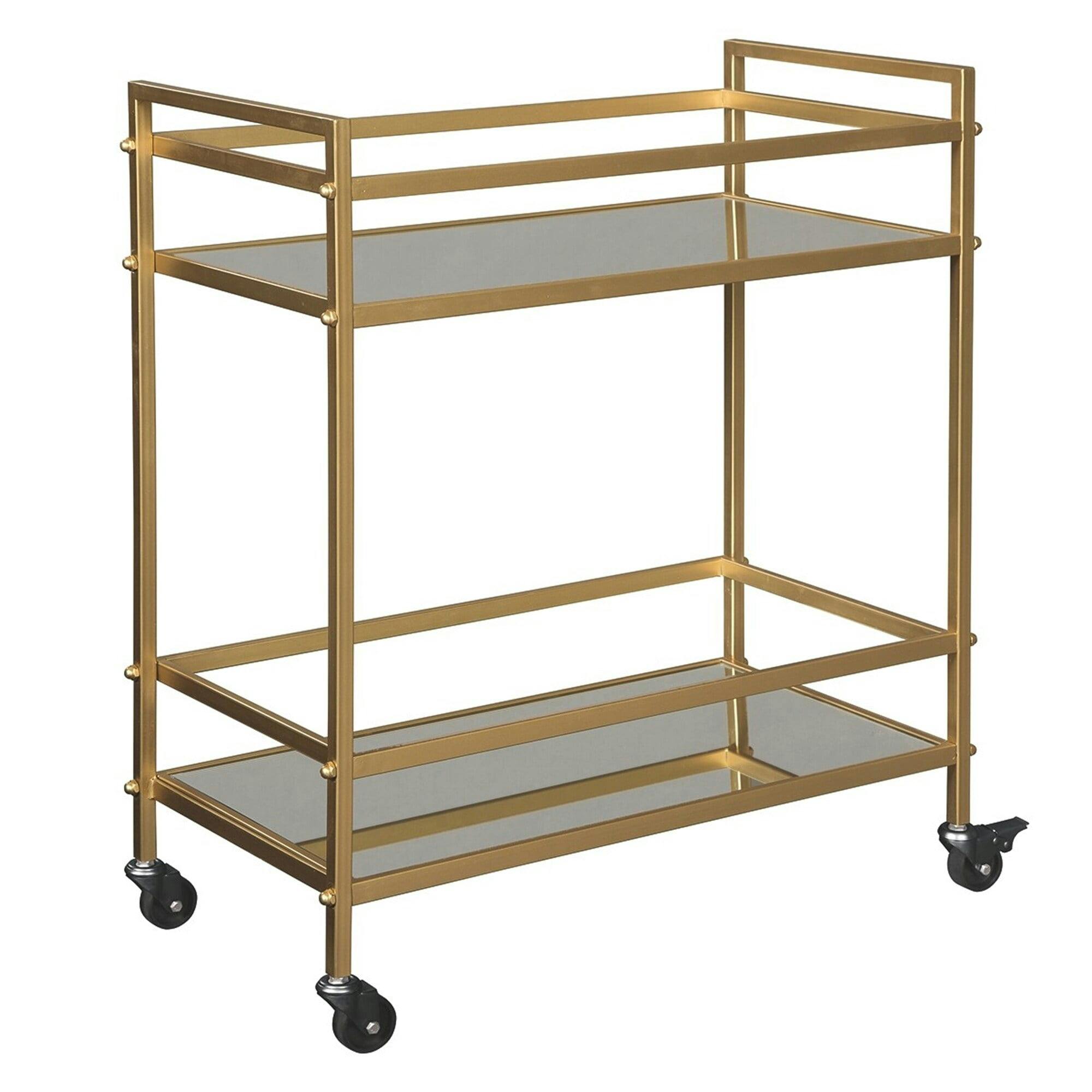 Gold Metal Contemporary Bar Cart with Mirrored Shelves and Wine Rack