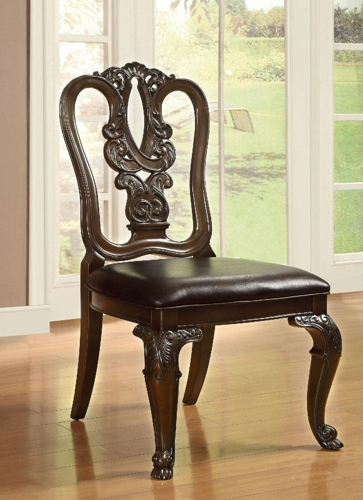 Elegant Cherry Brown Carved Side Chair with Padded Faux Leather Seat