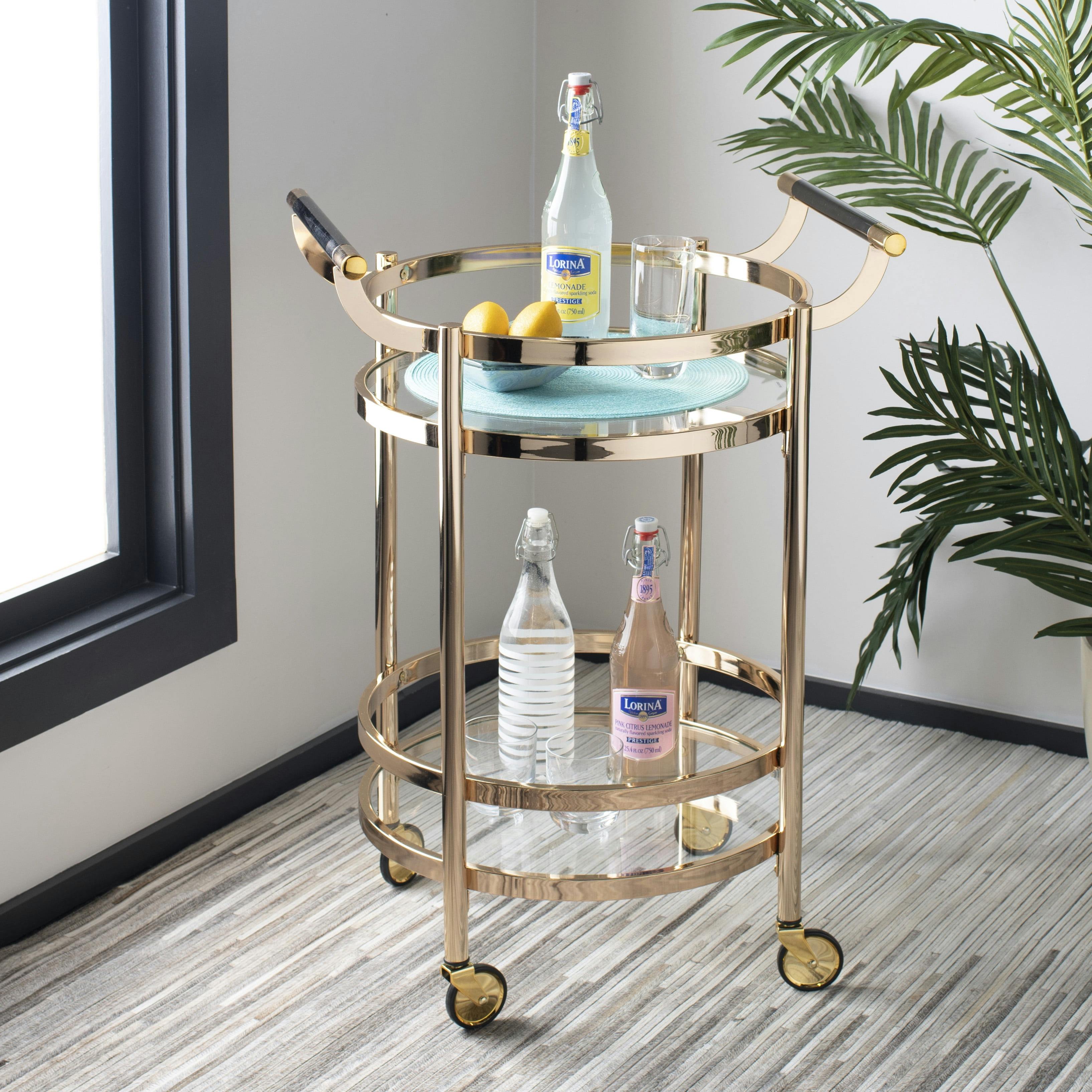 Transitional 24" Gold Metal and Glass Round Bar Cart with Wine Storage