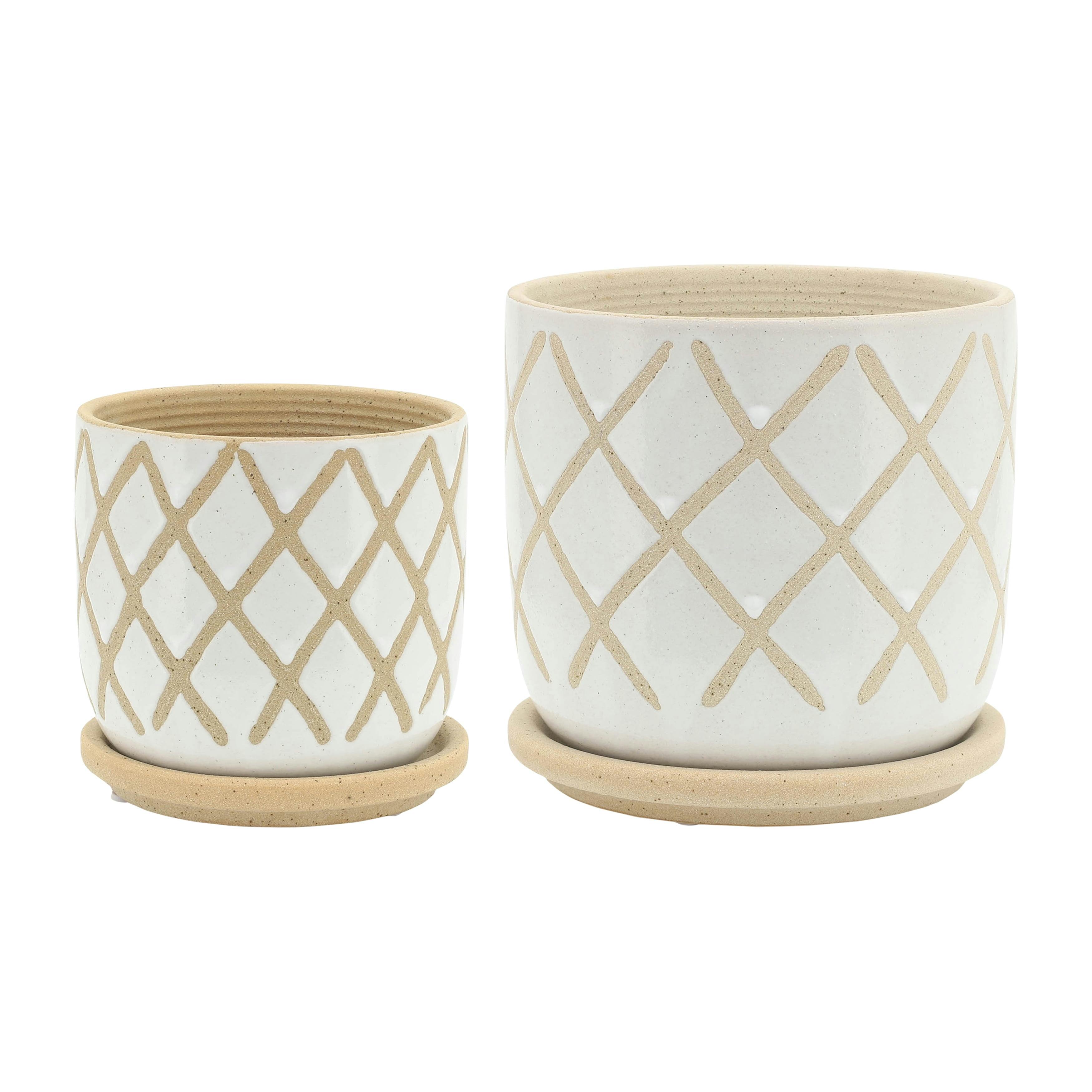 Contemporary White Ceramic 6" Cross Planter Set with Saucers