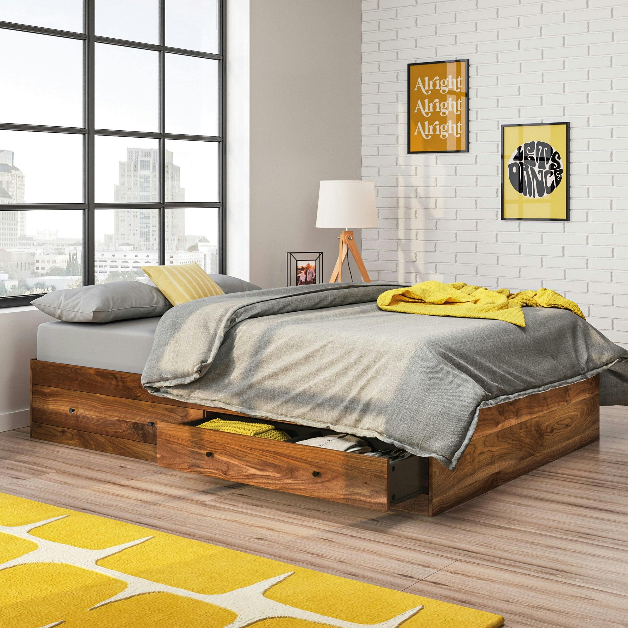 Grand Walnut Queen Platform Bed with Dual Storage Drawers