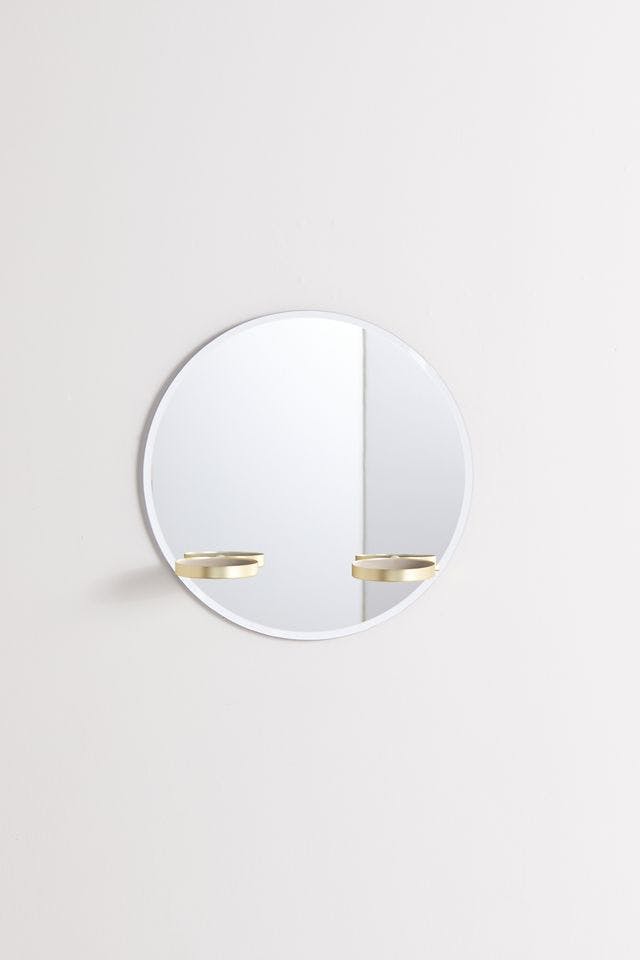 Frameless Round Wall Mirror with Brass Shelves