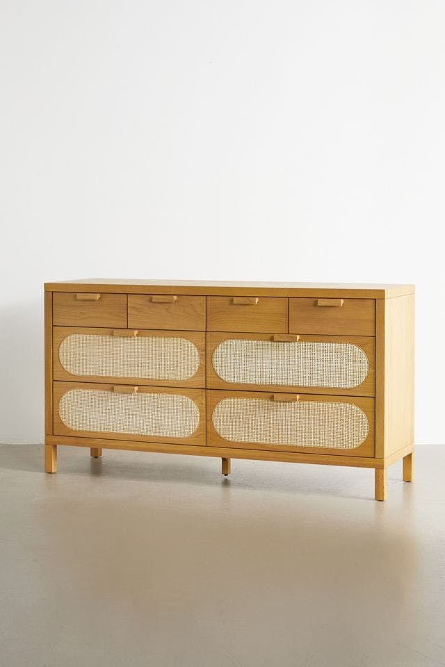 Alder Short Silhouette 8-Drawer Oak and Cane Dresser