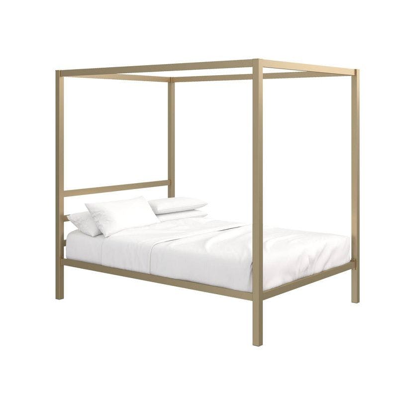 Elegant Gold Metal Canopy Bed with Built-in Headboard, Full